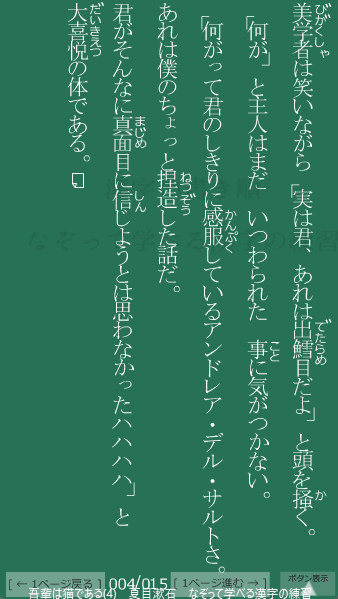 夏目漱石 の 吾輩は猫である(4) 4ページ目 吾輩は猫である(4)の4ページ目の一文 何がって君のしきりに感服しているアンドレア・デル・サルトさ。あれは僕のちょっと捏造した話だ。